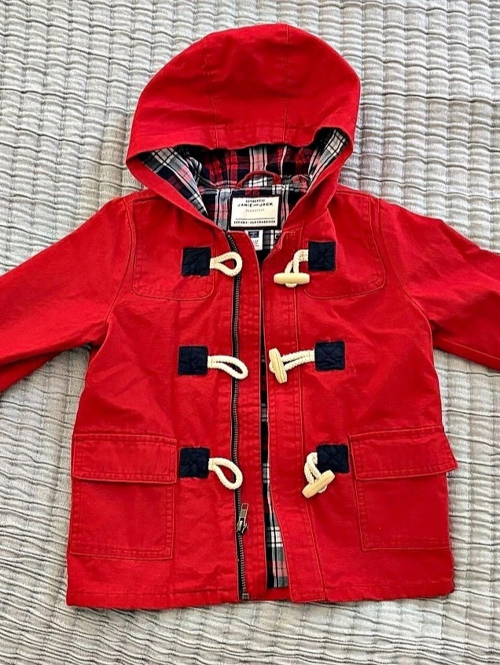 Janie and Jack Red Toggle Coat Plaid-Lined Raincoat Baby 18-24 Months